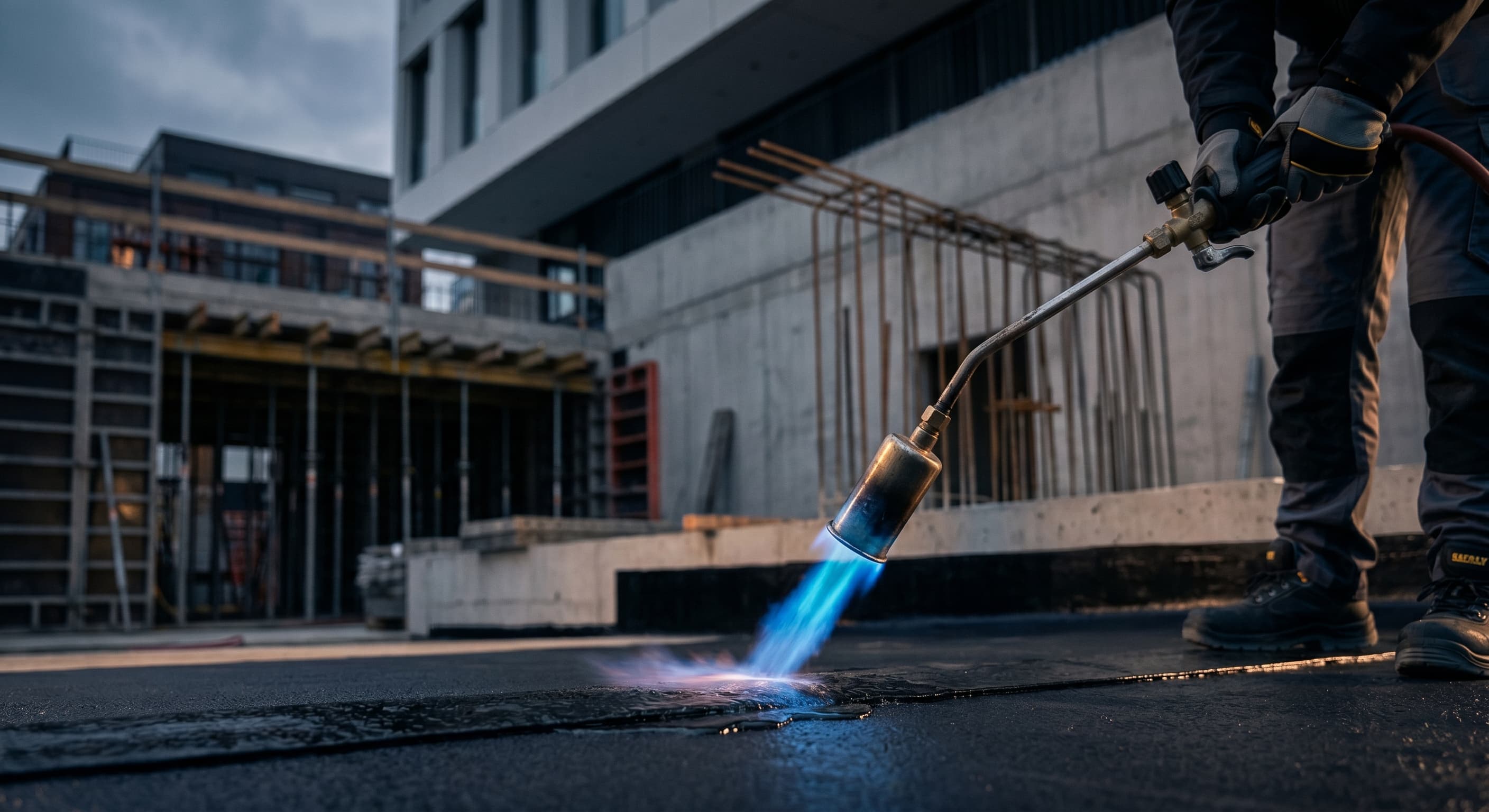 Profissional aplicando manta asfáltica com maçarico